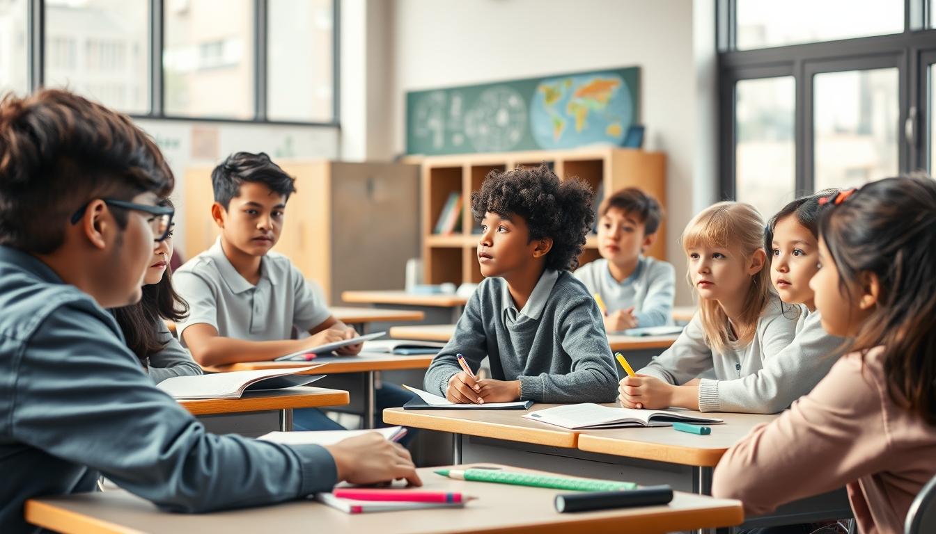 Students studying together in modern classroom